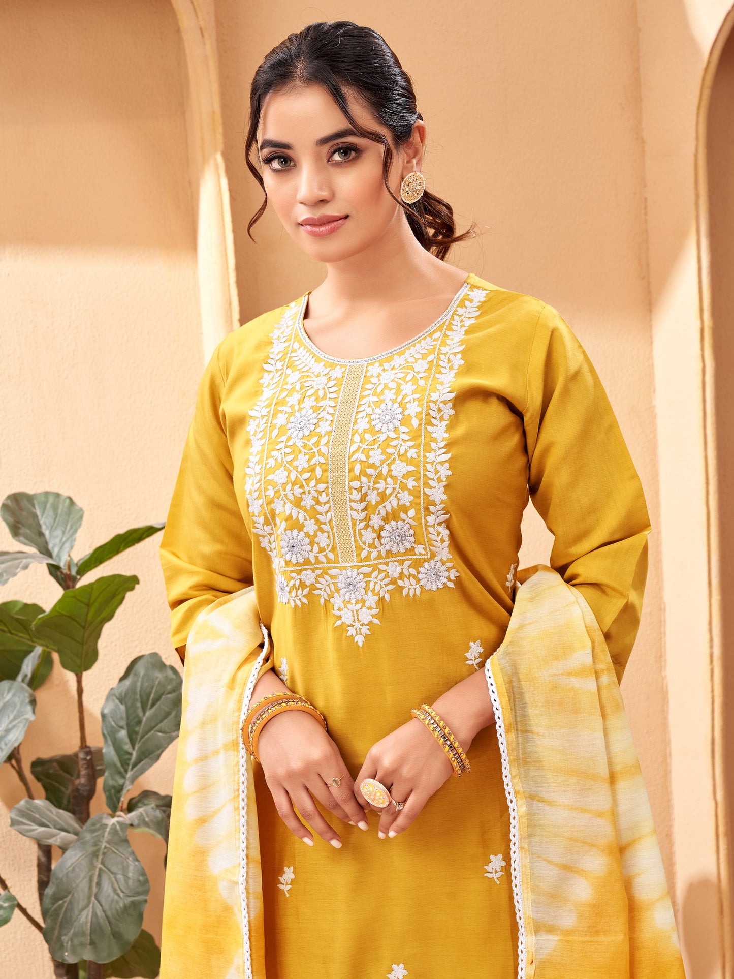 Mustard Yellow Simple Beautiful Kurta Set with Bottom and Dupatta Dropshipera