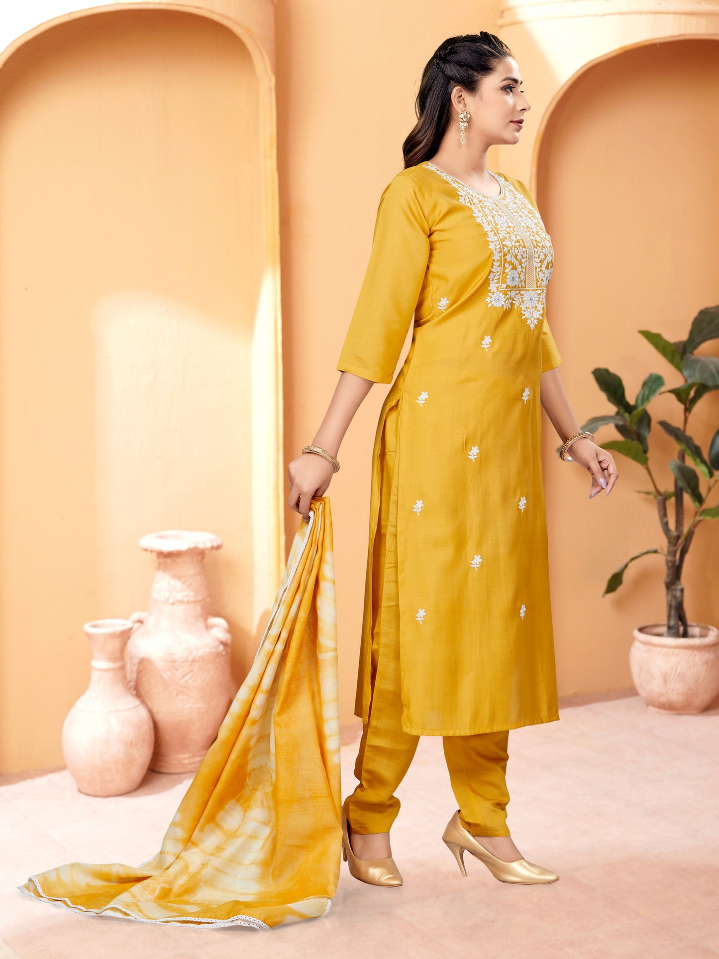 Mustard Yellow Simple Beautiful Kurta Set with Bottom and Dupatta Dropshipera