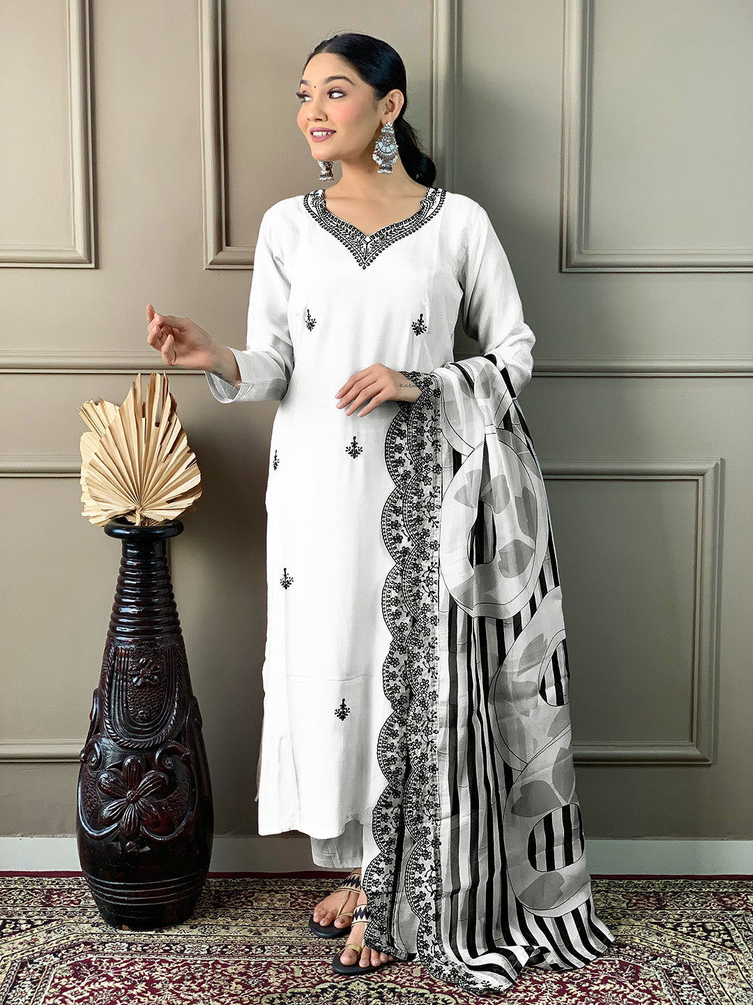 Women"s Off-White Embroidery Straight Kurta Pant With Dupatta Dropshipera