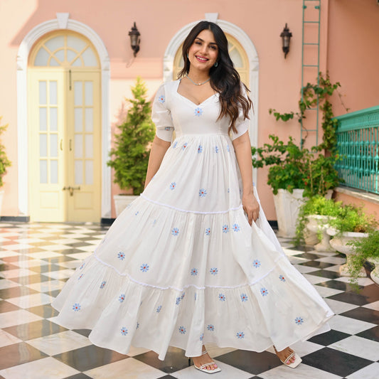 Women Floral Print Flaired Gown With Waist Elastic Dropshipera