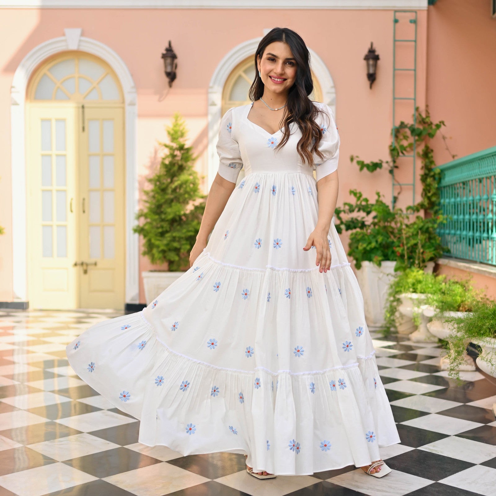 Women Floral Print Flaired Gown With Waist Elastic Dropshipera