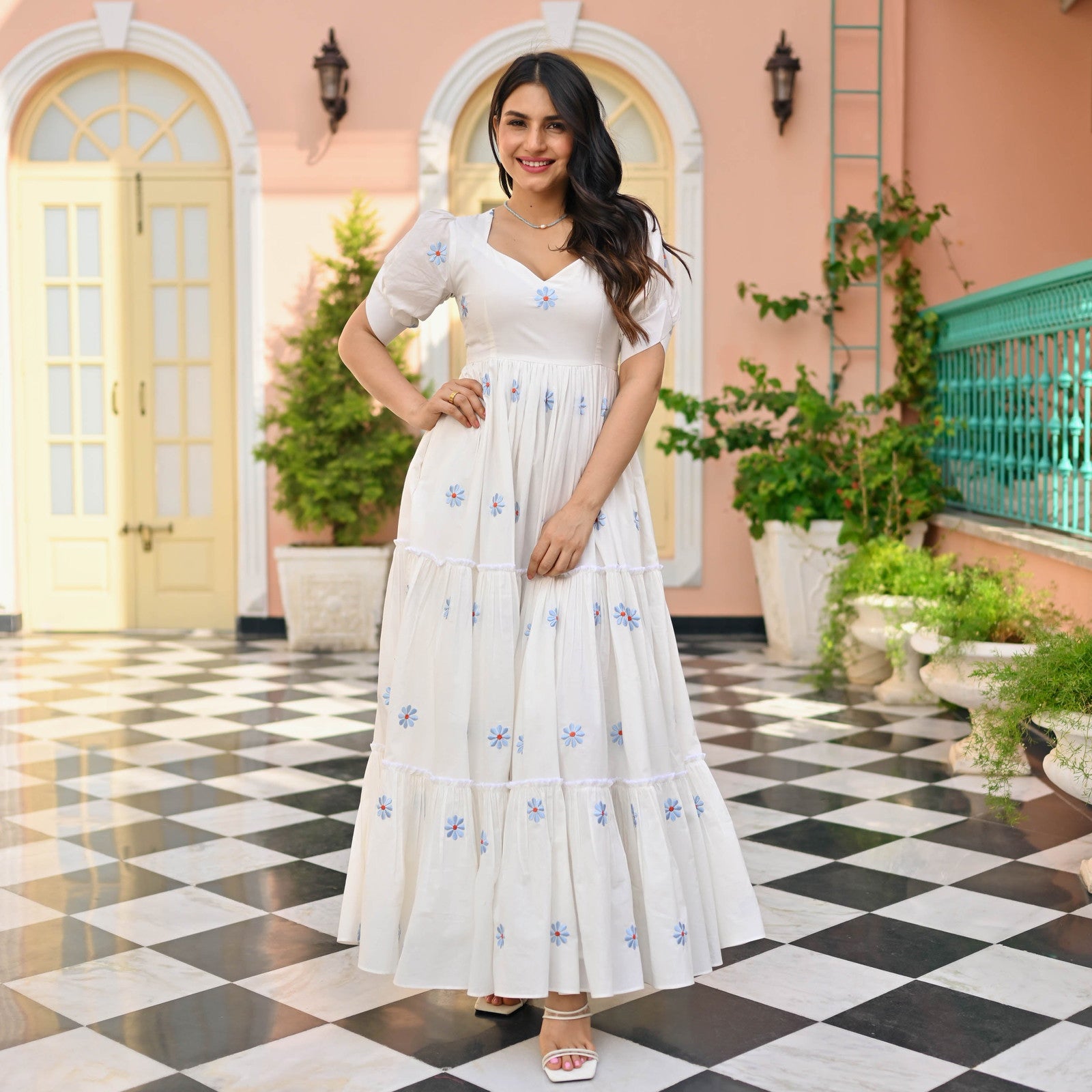 Women Floral Print Flaired Gown With Waist Elastic Dropshipera