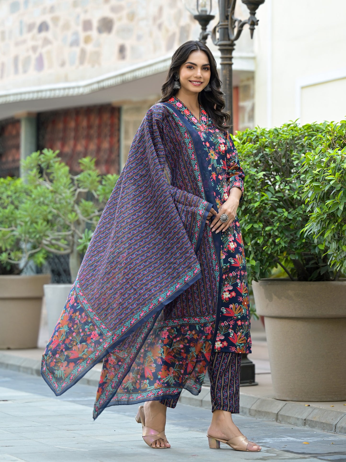 New Design Floral Printed Rayon Suit With Bottom And Dupatta Dropshipera