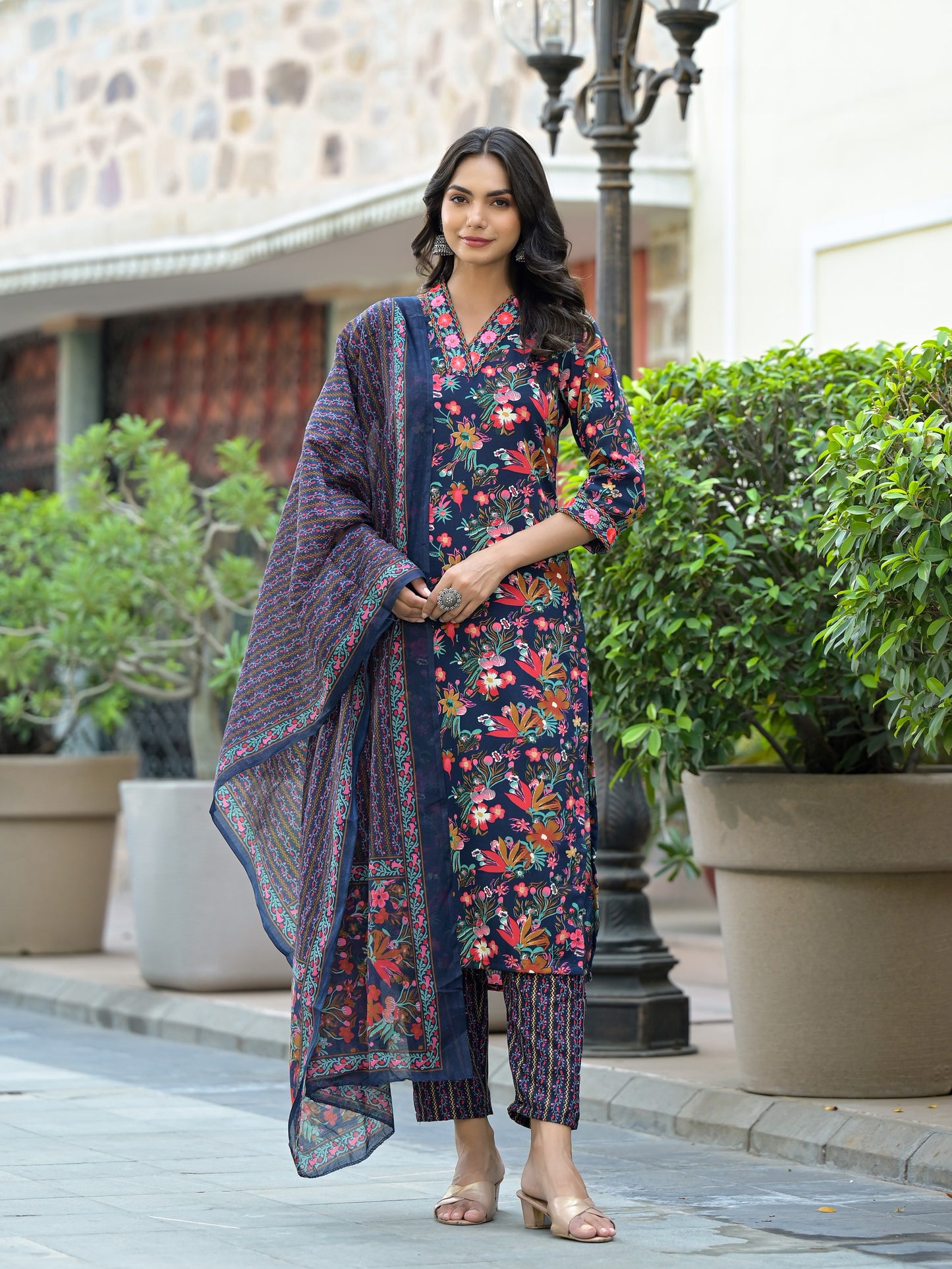 New Design Floral Printed Rayon Suit With Bottom And Dupatta Dropshipera