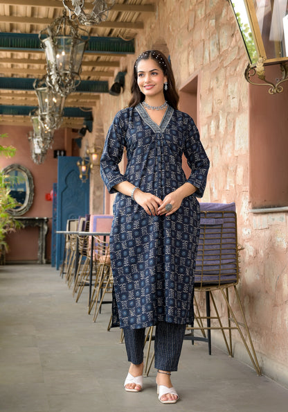 Floral Printed Kurta With Bottom Wear and Dupatta in Blue Color Dropshipera