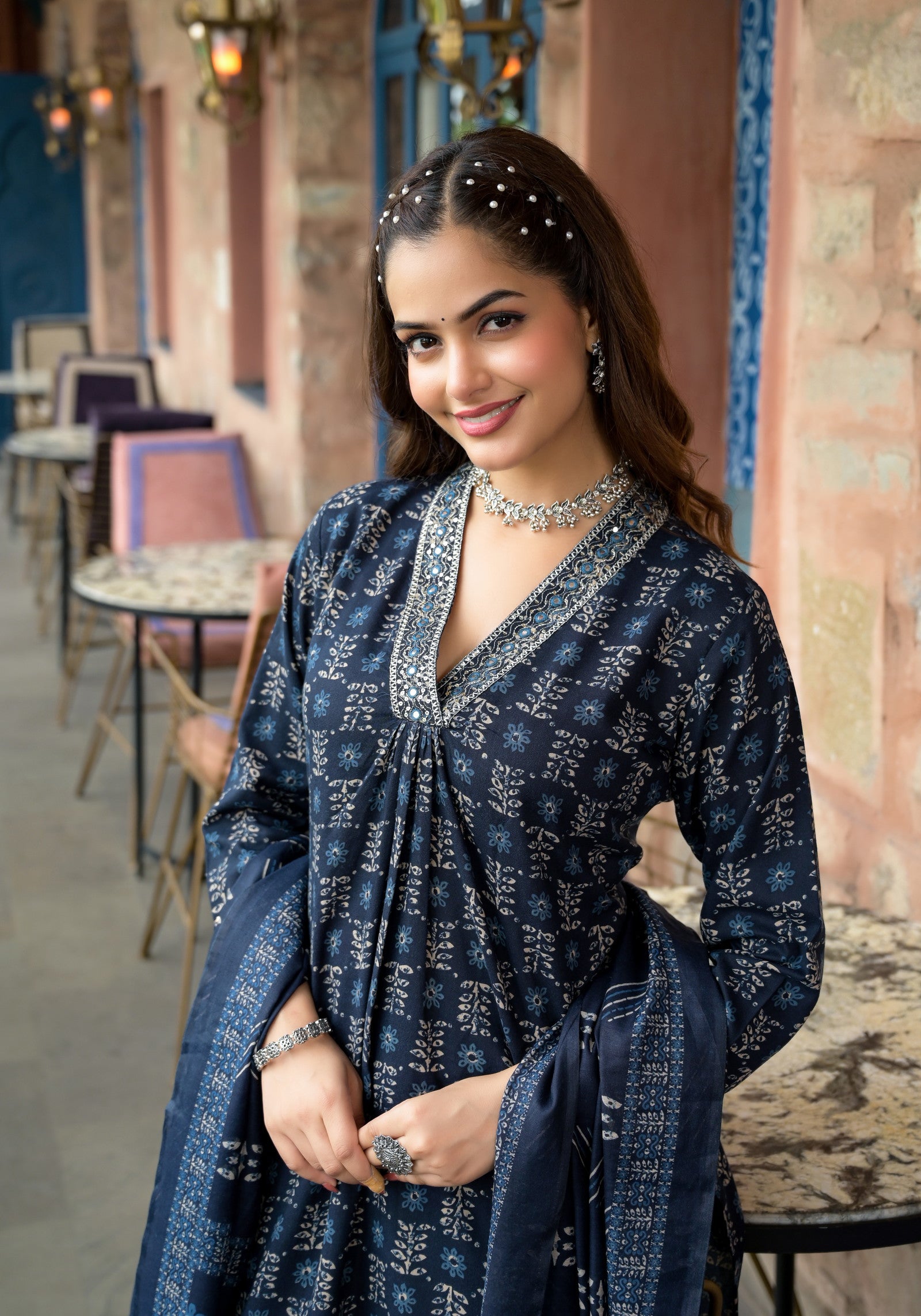 Floral Printed Kurta With Bottom Wear and Dupatta in Blue Color Dropshipera