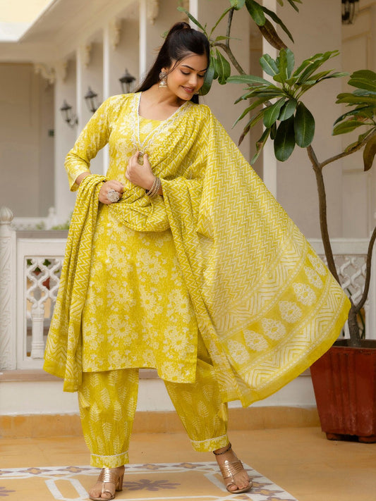 Printed Yellow Kurta Set with Bottom Wear and Dupatta Dropshipera