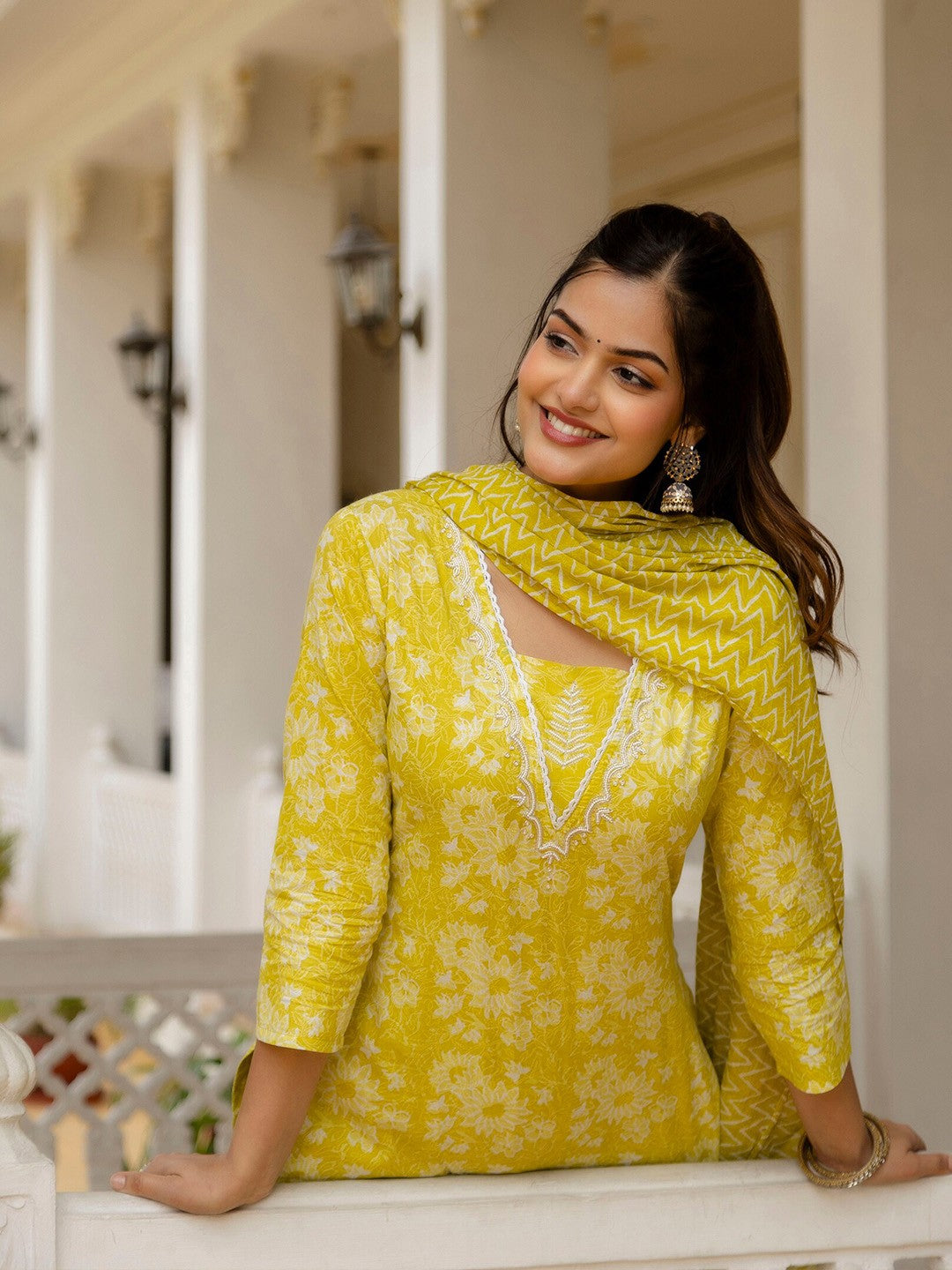Printed Yellow Kurta Set with Bottom Wear and Dupatta Dropshipera