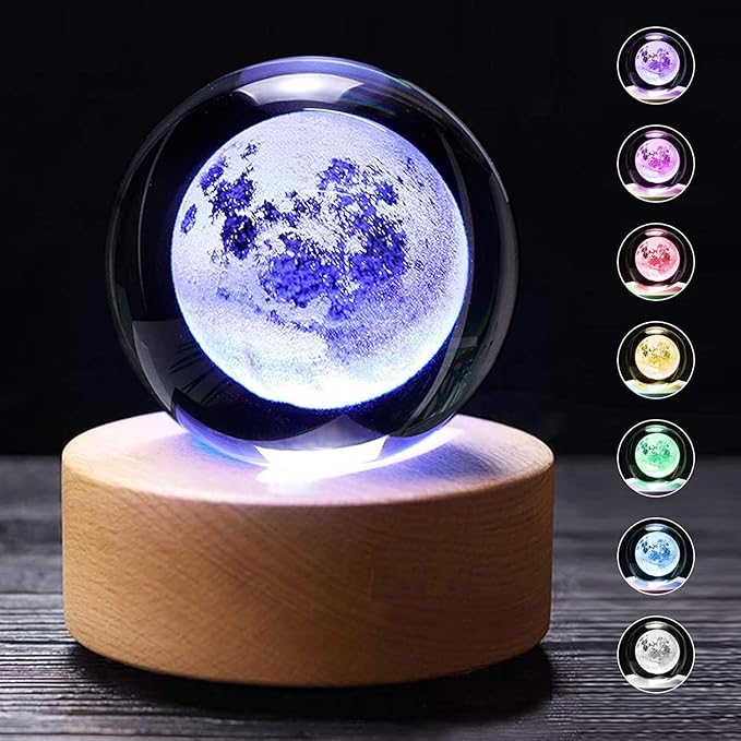 Moon Multi Crystal Ball Night Light with Wooden Base - LED USB Table Lamp for Kids, Teens, and Home Decor 16702