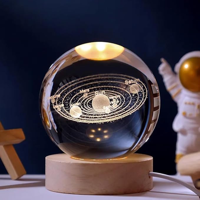 Unique 3D Universe Crystal Ball Night Light with Wooden Base - LED USB Table Lamp 16702