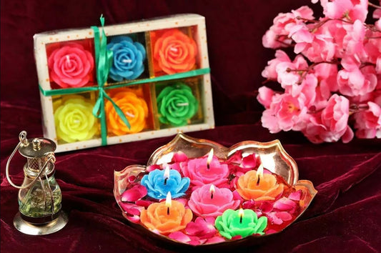 Diwali Diya Decoration Floating Smokeless Dripless Long Lasting Wax Flower 6 Pcs 18076