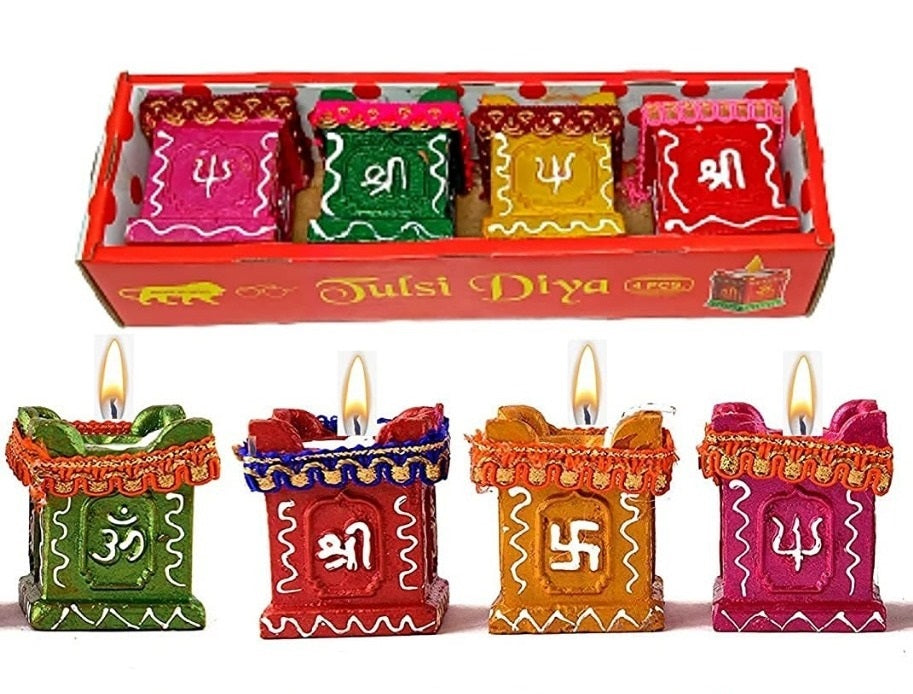 Set of 4 Clay and Terracotta Colourful Hand Painted Puja Tulsi Diya Candle 18076