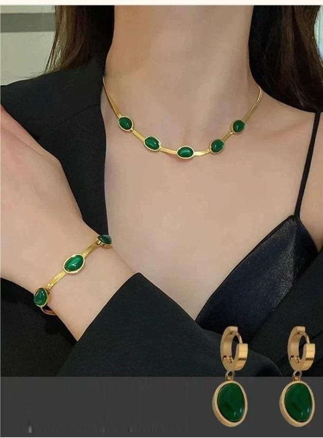 Oval Green Crystal Pendant Necklace Set With Bracelet 18077