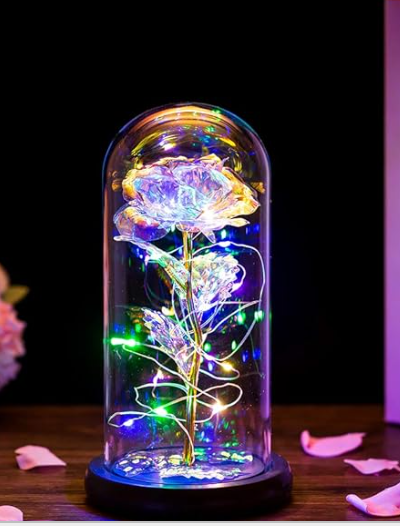 Beauty and the Beast Rose in Glass Dome LED Lights Crystal Rose Flowers Gift 13162