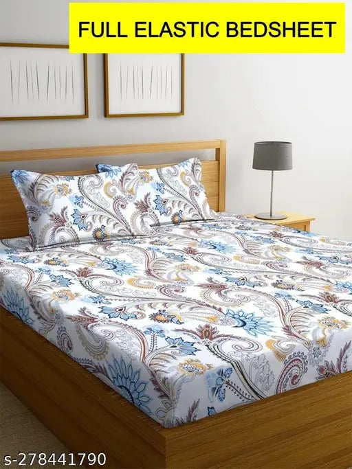 Super Soft Glace Cotton All Round Elastic Fitted Double Bed Bedsheet with 2 Pillow Covers-72x78x8 20027