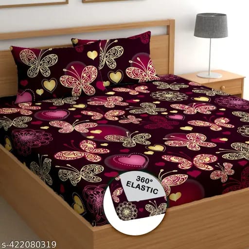 Super Soft Glace Cotton All Round Elastic Fitted Double Bed Bedsheet with 2 Pillow Covers-72x78x8 20027