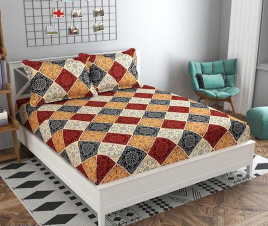 Super Soft Glace Cotton All Round Elastic Fitted Double Bed Bedsheet with 2 Pillow Covers-72x78x8 20027