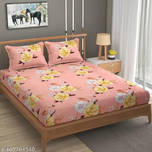 Super Soft Glace Cotton All Round Elastic Fitted Double Bed Bedsheet with 2 Pillow Covers-72x78x8 20027