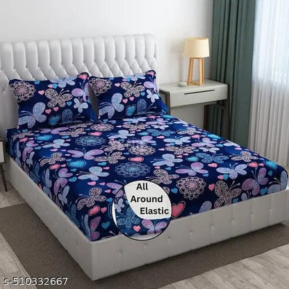 Super Soft Glace Cotton All Round Elastic Fitted Double Bed Bedsheet with 2 Pillow Covers-72x78x8 20027