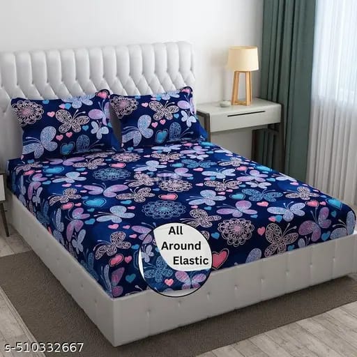 Super Soft Glace Cotton All Round Elastic Fitted Double Bed Bedsheet with 2 Pillow Covers-72x78x8 20027