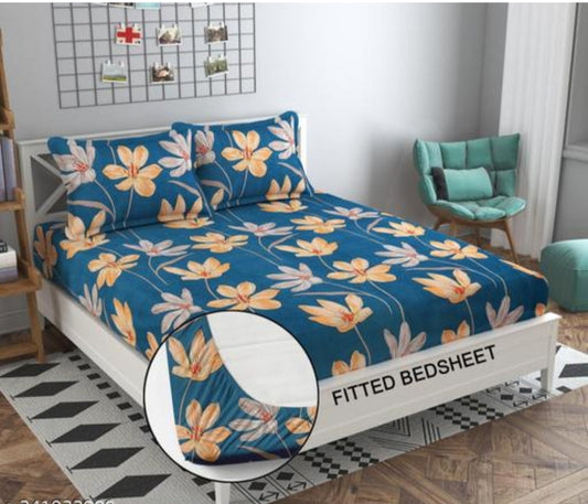 Super Soft Glace Cotton All Round Elastic Fitted Double Bed Bedsheet with 2 Pillow Covers-72x78x8 20027