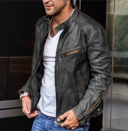 Fall Winter Men PU Leather Stand Collar Punk 3080