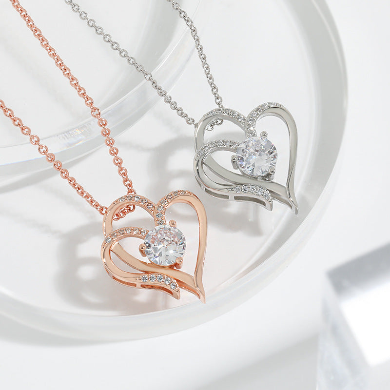 Zircon Double Love Necklace With Rhinestones Ins Personalized Heart-shaped Necklace My Store