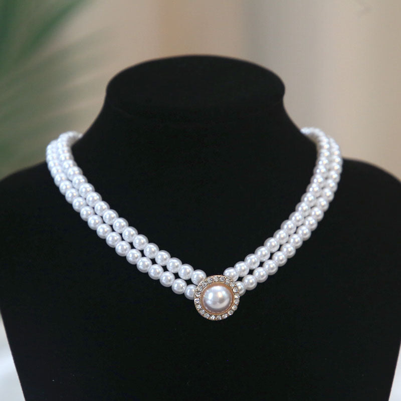 Retro Court Rhinestone Pearl Necklace Ear Stud Women's Simple 3080