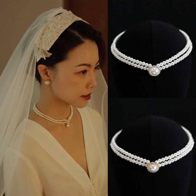 Retro Court Rhinestone Pearl Necklace Ear Stud Women's Simple 3080