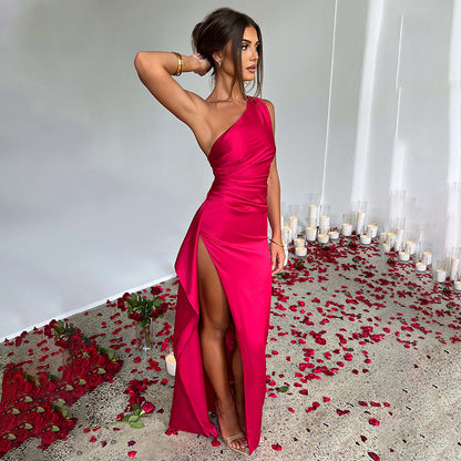 Sexy One-shoulder Backless Slit Dress Summer Elegant Slim-fit Solid Color Satin Dresses For Women My Store