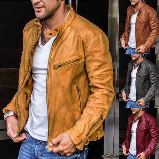 Fall Winter Men PU Leather Stand Collar Punk 3080