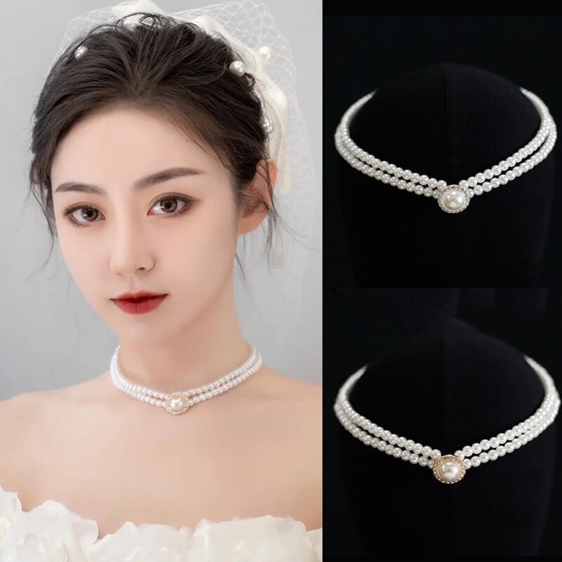 Retro Court Rhinestone Pearl Necklace Ear Stud Women's Simple 3080