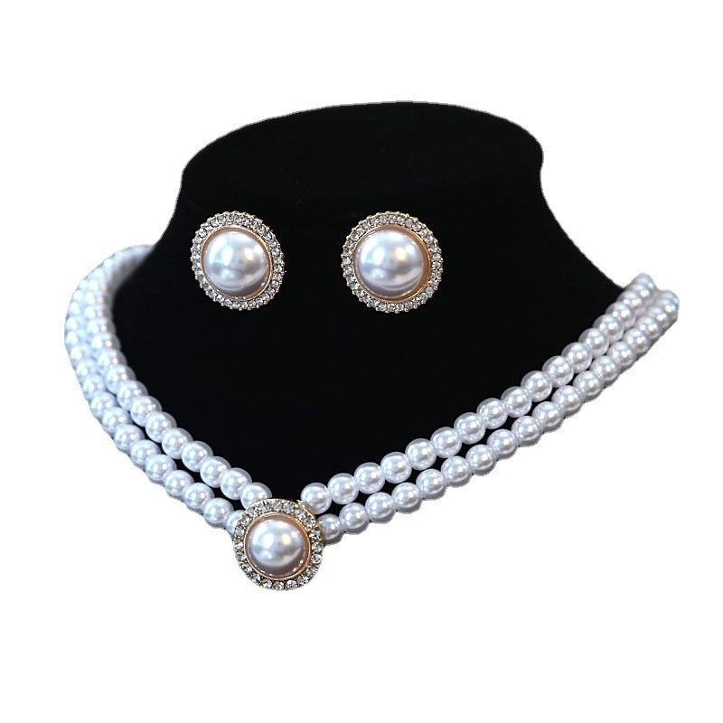 Retro Court Rhinestone Pearl Necklace Ear Stud Women's Simple 3080