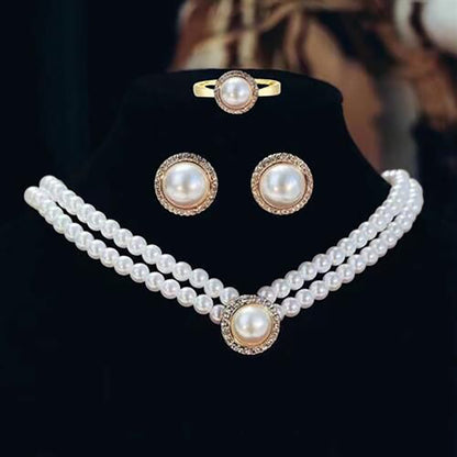 Retro Court Rhinestone Pearl Necklace Ear Stud Women's Simple 3080