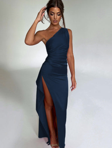 Sexy One-shoulder Backless Slit Dress Summer Elegant Slim-fit Solid Color Satin Dresses For Women My Store