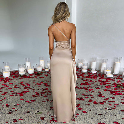 Sexy One-shoulder Backless Slit Dress Summer Elegant Slim-fit Solid Color Satin Dresses For Women My Store