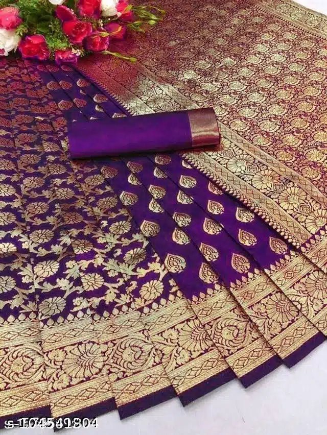 Banarasi Silk Saree With Blouse For Women (Purple, 6.3M) - My Fashion Sell
