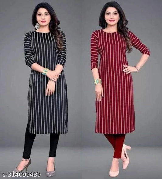 Crepe Striped Kurti for Women (Black & Red, S) (Pack of 2) 1457