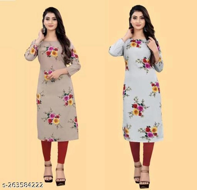 Crepe Printed Kurti for Women (Brown & Sky Blue, S) (Pack of 2) 1457