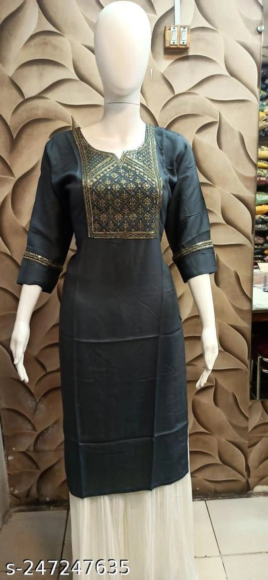 Rayon Slub Printed Kurti for Women (Dark Grey, M) 15632