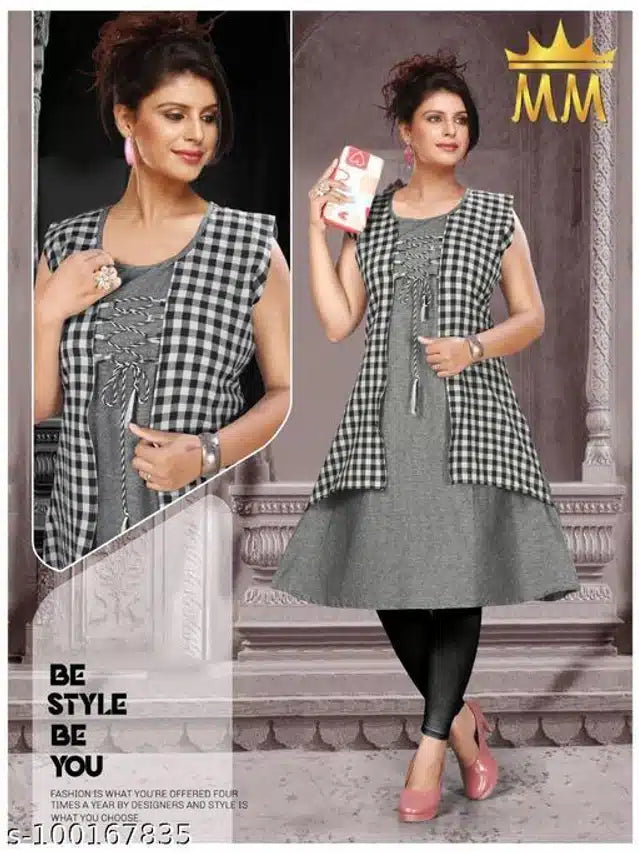 Cotton Checkered Kurti with Jacket for Women (Grey, XL) 11070