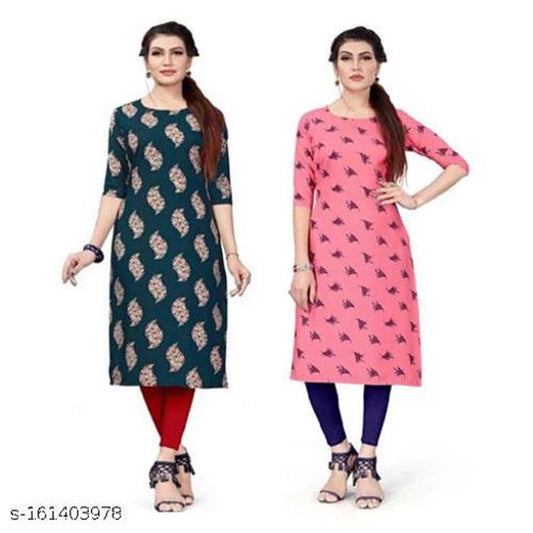 Crepe Printed Kurti for Women (Green & Pink, S) (Pack of 2) 1457