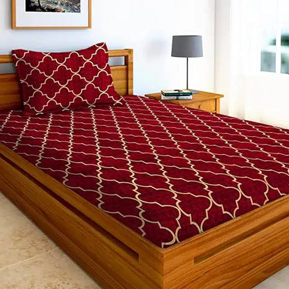Geometric Print Flat Single Bedsheet with 1 Pillow Cover (60x90 inches, Maroon) 1062