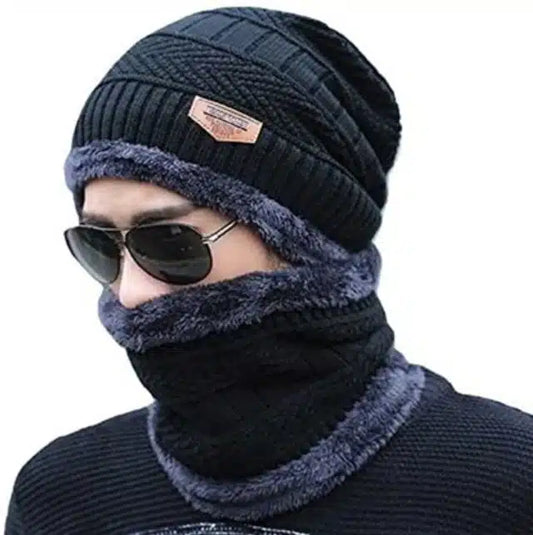 Winter Neck Warmer & Skull Cap Set for Men (Black) 3090