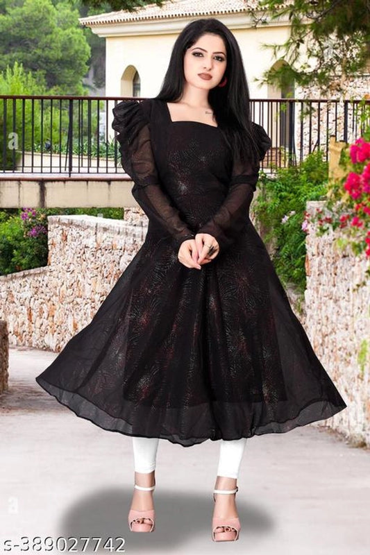 Georgette Solid Anarkali Kurti for Women (Black, M) 17523