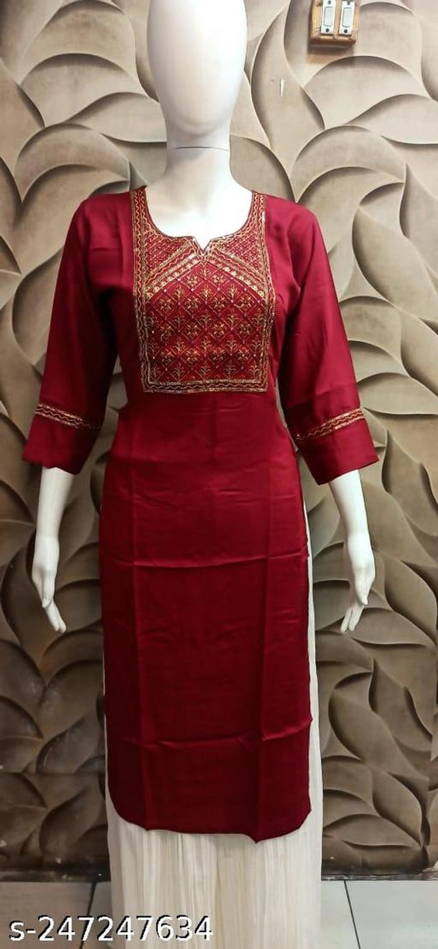 Rayon Slub Printed Kurti for Women (Maroon, M) 15632