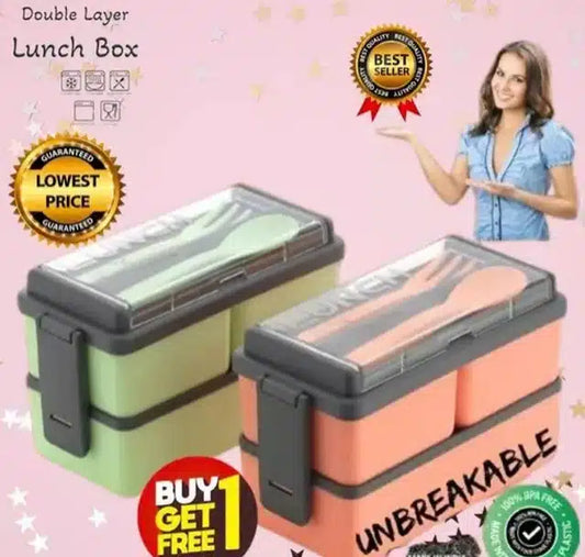 Plastic Lunchbox with Spoon & Fork (Green & Peach, 1500 ml) (Pack of 2) 9015