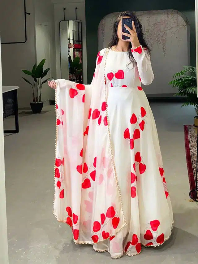 Georgette Printed Gown with Dupatta for Women (Red & White, S) 4452