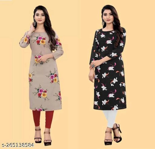 Crepe Printed Kurti for Women (Brown & Black, S) (Pack of 2) 1457