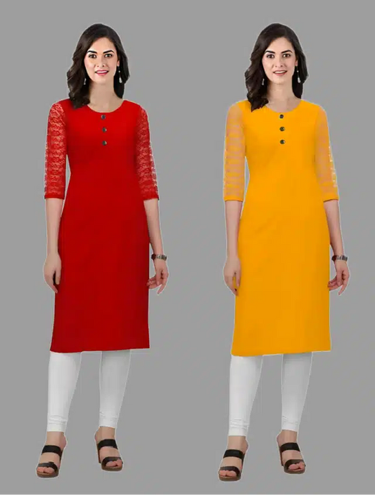 Crepe Solid Kurtis for Women (Pack of 2) (Red & Yellow, XS) 13259